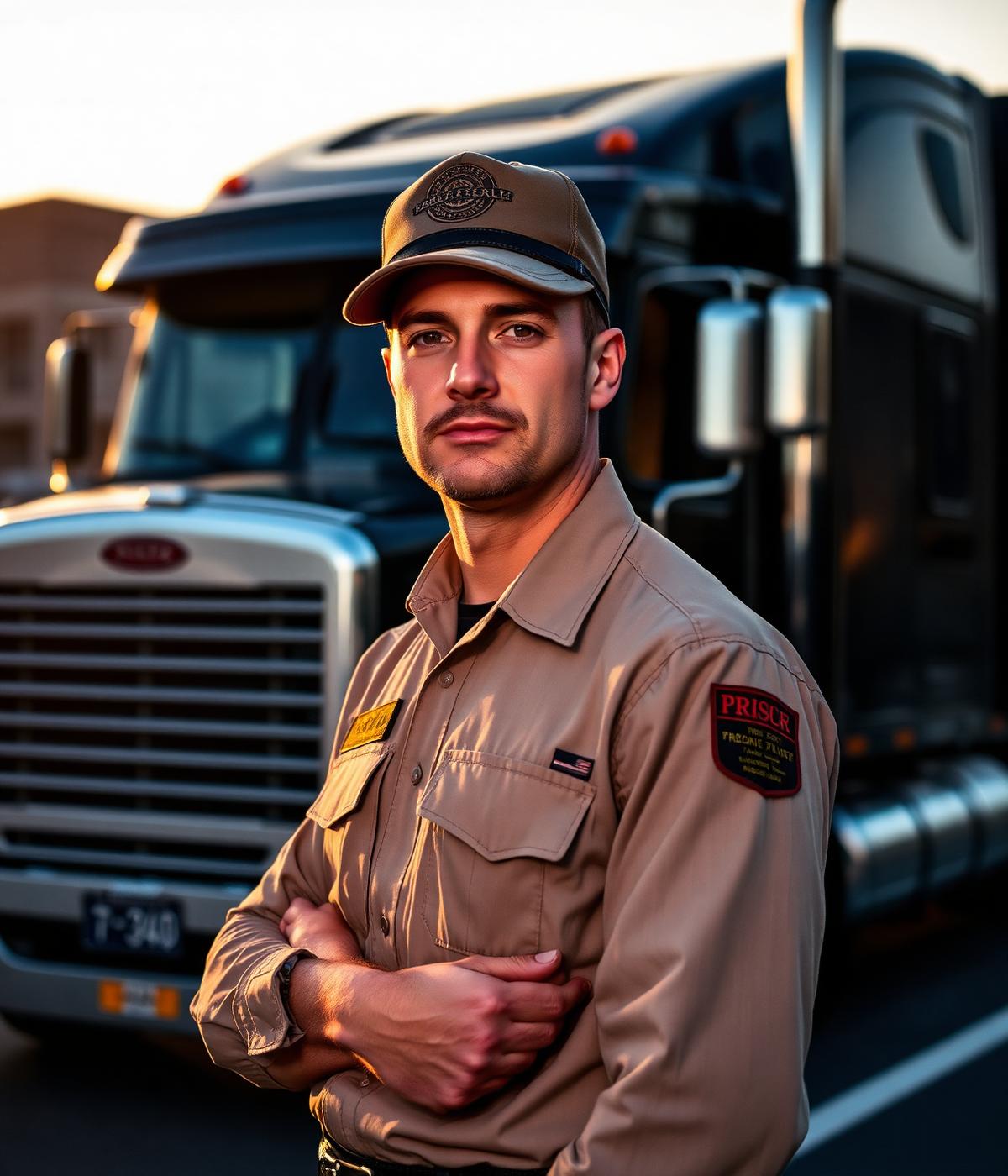 Professional J&Y truck driver standing in front of black box truck