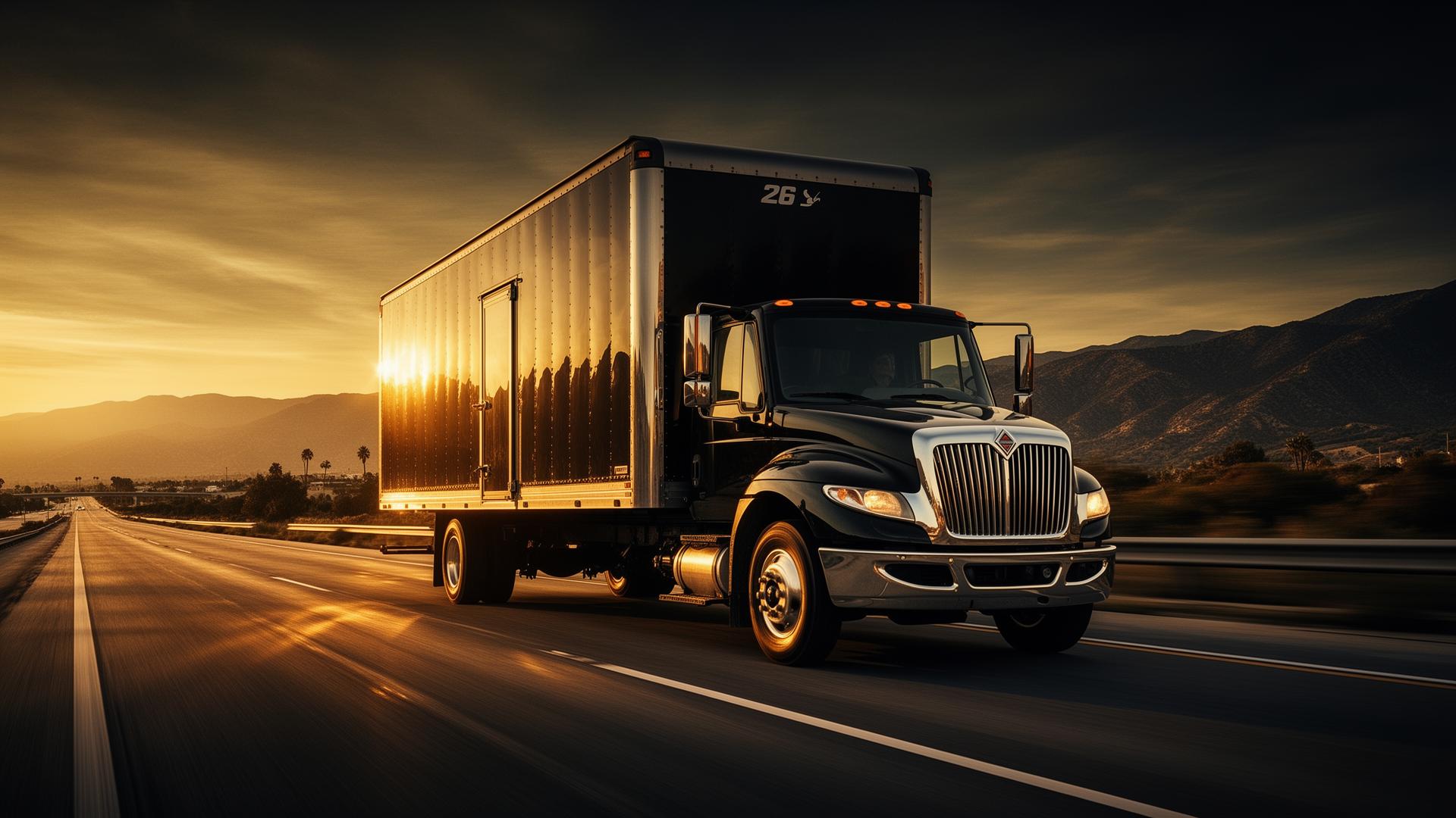 Black 26-foot box truck on a California highway at golden hour